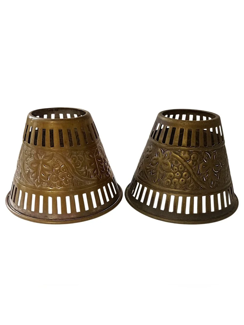 2 Vintage Brass Candle Votive Shades Pair Pierced Embossed Grape Floral Patina